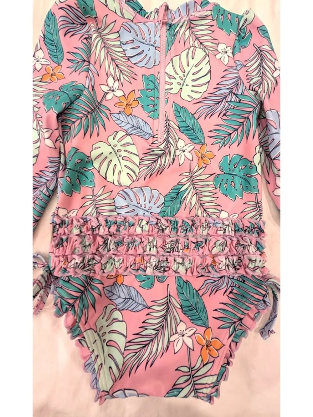 NEW Quince Toddler Long Sleeve Tie One-Piece Swimsuit, Palm, Size 3T